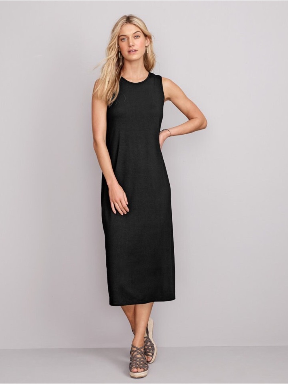 L Eileen Fisher Stretch Jersey Crewneck Sleeveless Black Midi Dress Women Large